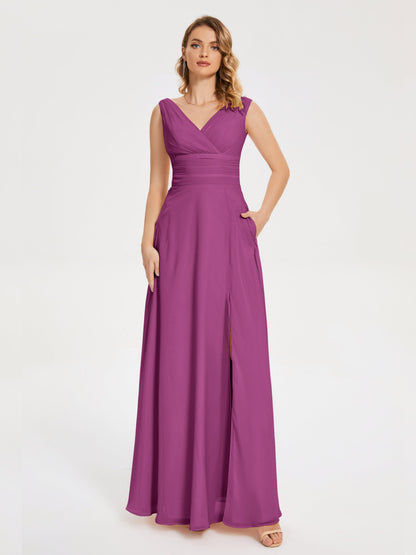 Lucille Simple V-neck Bridesmaid Dress with Pockets