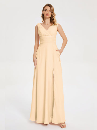 Lucille Simple V-neck Bridesmaid Dress with Pockets