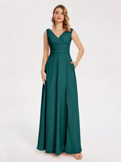 Lucille Simple V-neck Bridesmaid Dress with Pockets