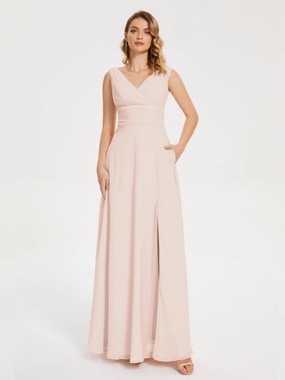 Lucille Simple V-neck Bridesmaid Dress with Pockets