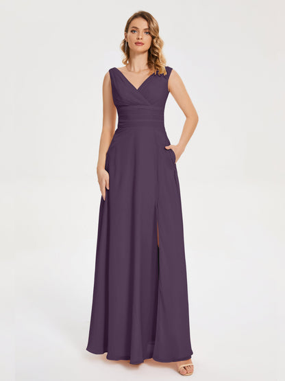Lucille Simple V-neck Bridesmaid Dress with Pockets