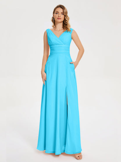 Lucille Simple V-neck Bridesmaid Dress with Pockets