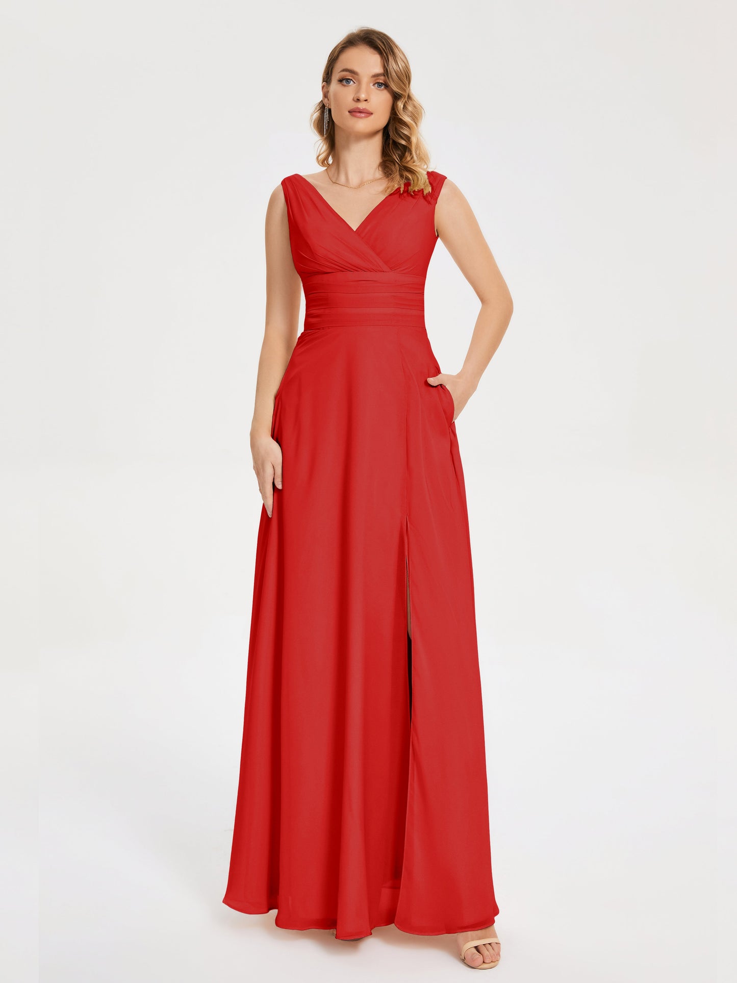 Lucille Simple V-neck Bridesmaid Dress with Pockets