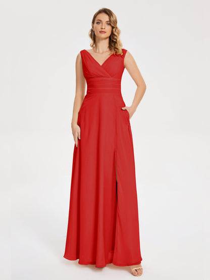 Lucille Simple V-neck Bridesmaid Dress with Pockets