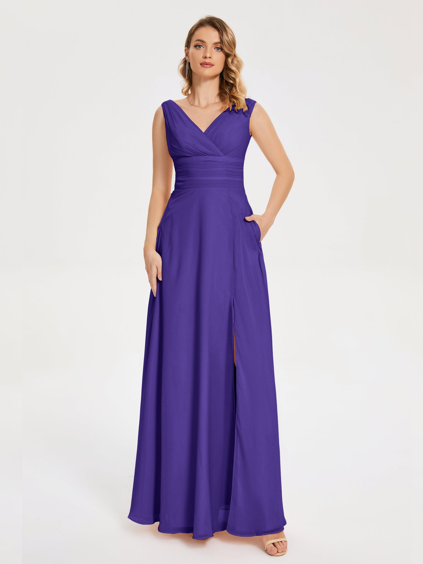 Lucille Simple V-neck Bridesmaid Dress with Pockets