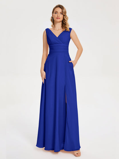 Lucille Simple V-neck Bridesmaid Dress with Pockets