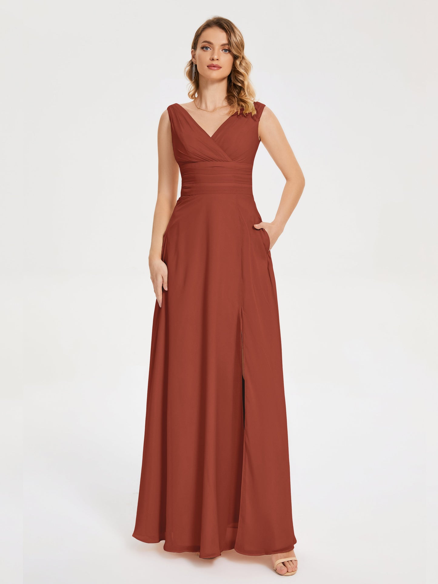 Lucille Simple V-neck Bridesmaid Dress with Pockets