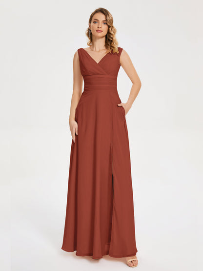 Lucille Simple V-neck Bridesmaid Dress with Pockets
