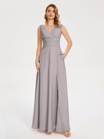 Lucille Simple V-neck Bridesmaid Dress with Pockets