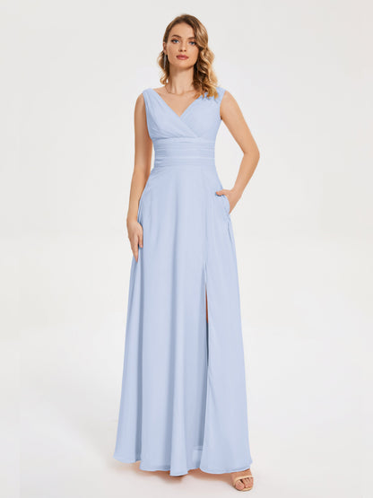 Lucille Simple V-neck Bridesmaid Dress with Pockets