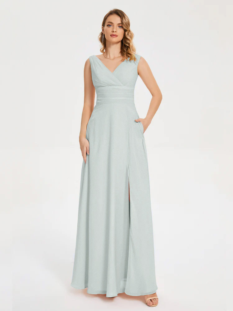 Lucille Simple V-neck Bridesmaid Dress with Pockets