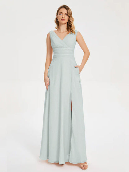 Lucille Simple V-neck Bridesmaid Dress with Pockets