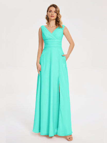 Lucille Simple V-neck Bridesmaid Dress with Pockets