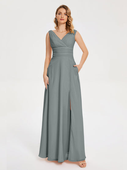 Lucille Simple V-neck Bridesmaid Dress with Pockets