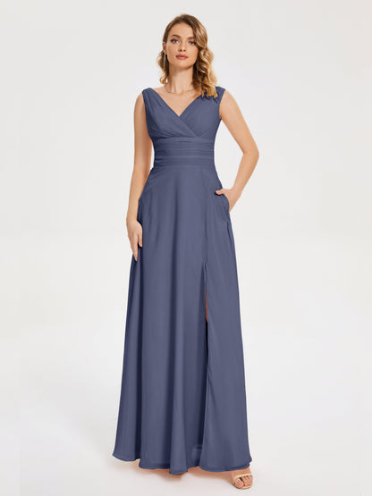 Lucille Simple V-neck Bridesmaid Dress with Pockets