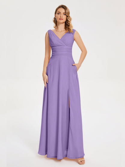 Lucille Simple V-neck Bridesmaid Dress with Pockets