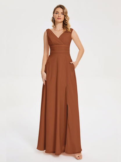 Lucille Simple V-neck Bridesmaid Dress with Pockets