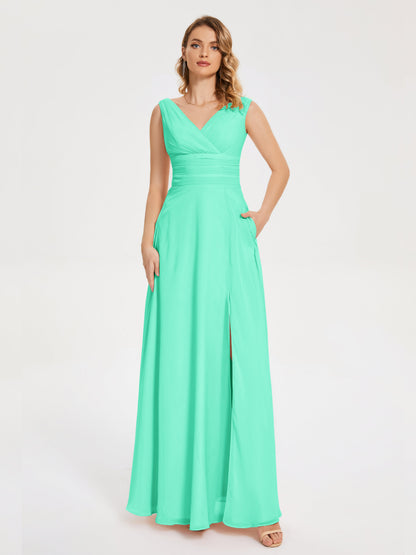 Lucille Simple V-neck Bridesmaid Dress with Pockets