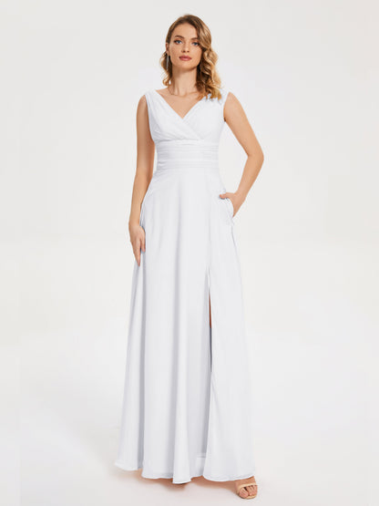 Lucille Simple V-neck Bridesmaid Dress with Pockets