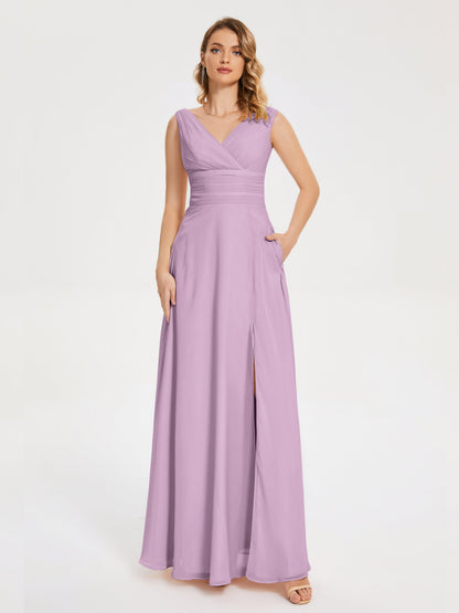Lucille Simple V-neck Bridesmaid Dress with Pockets