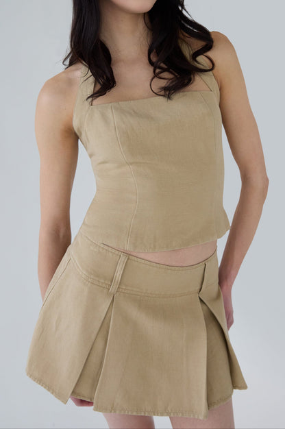 LINEN BLEND PLEATED MINI SKIRT