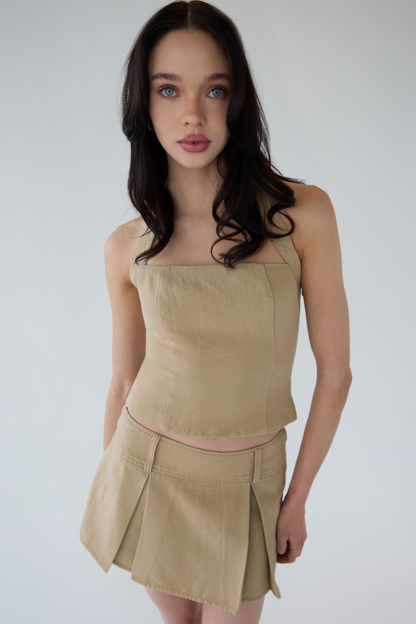 LINEN BLEND PLEATED MINI SKIRT