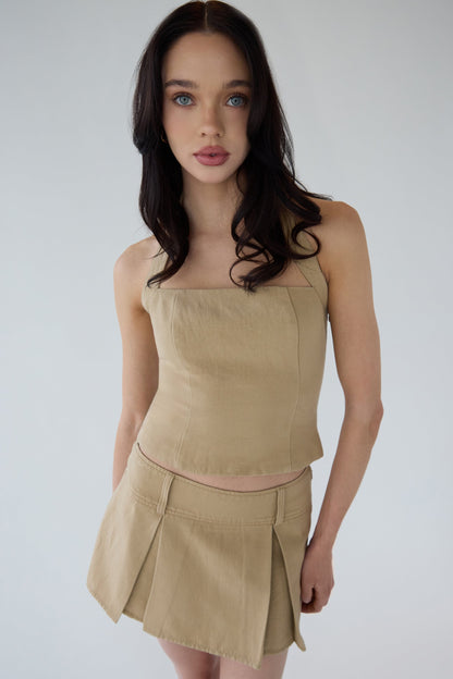 LINEN BLEND PLEATED MINI SKIRT