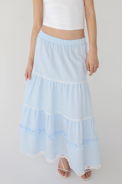 TIERED LACE TRIM MAXI SKIRT