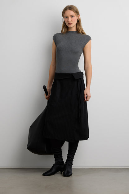 WOOL BLEND PINSTRIPE MIDI SKIRT WITH WAIST TIE
