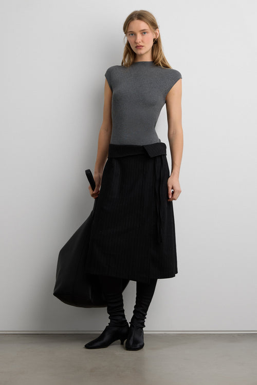 WOOL BLEND PINSTRIPE MIDI SKIRT WITH WAIST TIE