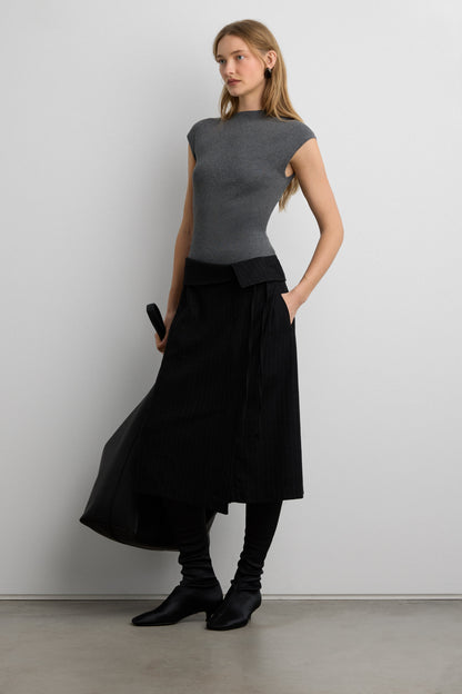 WOOL BLEND PINSTRIPE MIDI SKIRT WITH WAIST TIE