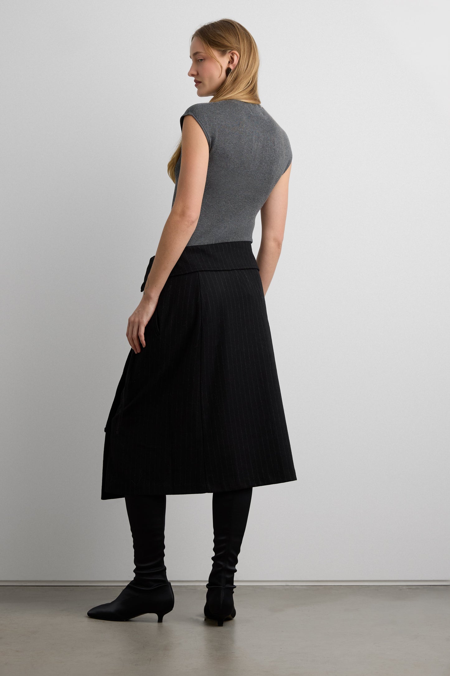 WOOL BLEND PINSTRIPE MIDI SKIRT WITH WAIST TIE