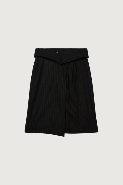 WOOL BLEND PINSTRIPE MIDI SKIRT WITH WAIST TIE