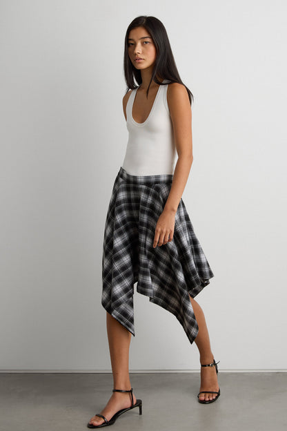 ASYMMETRICAL DRAPED PLAID MINI SKIRT