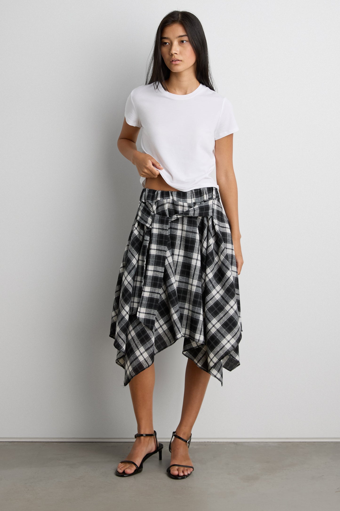 DRAPED PLAID MIDI SKIRT WITH TIE DETAIL
