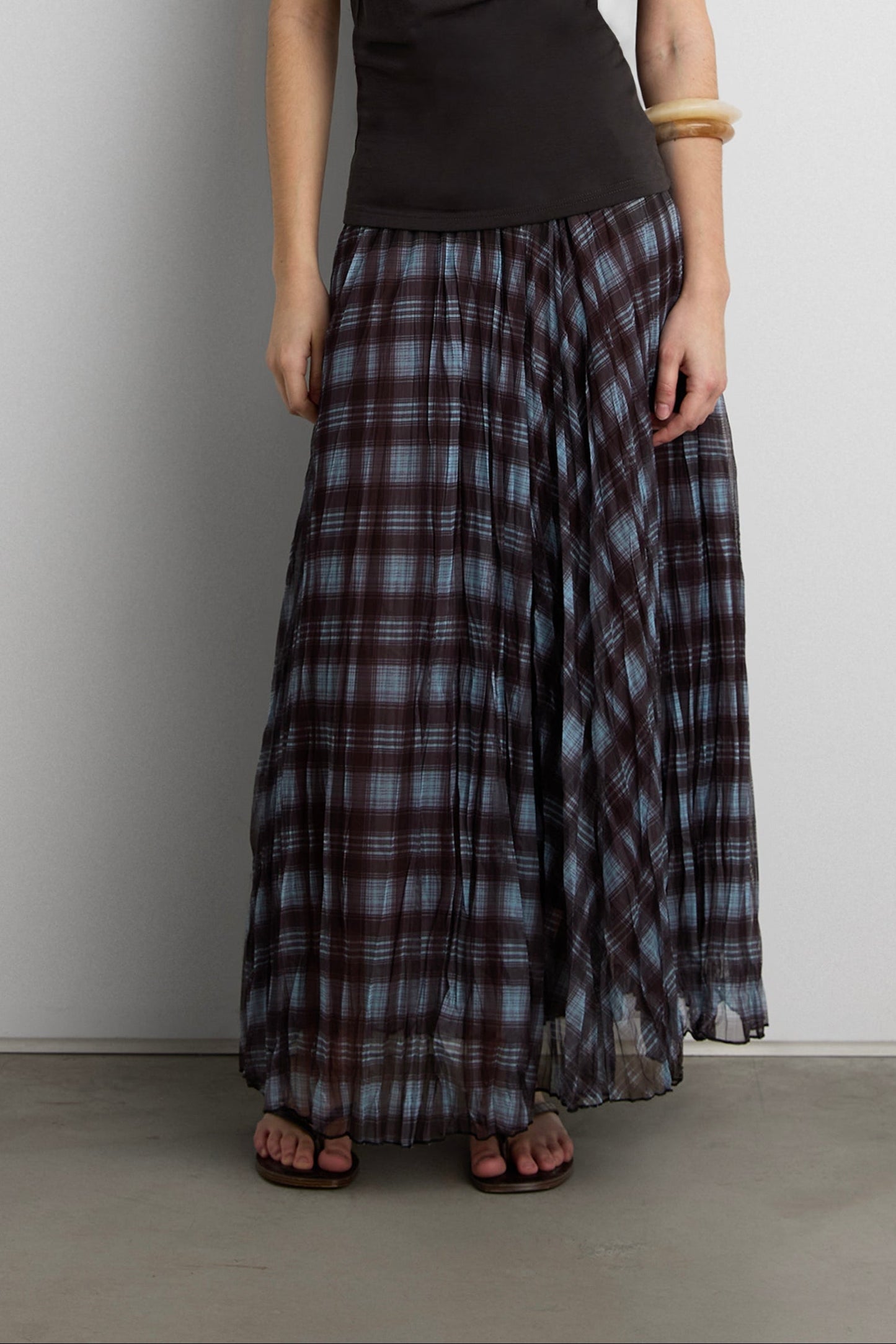BLUE PLAID ACCORDION PLEAT MIDI SKIRT