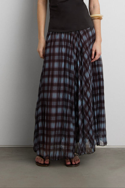 BLUE PLAID ACCORDION PLEAT MIDI SKIRT