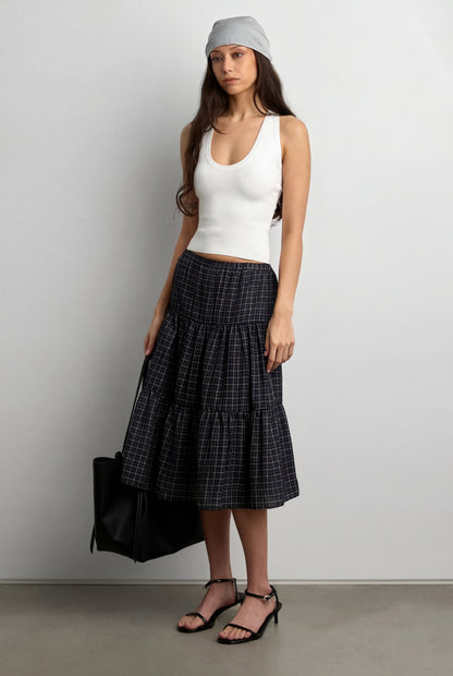 VINTAGE PLAID TIERED MIDI SKIRT