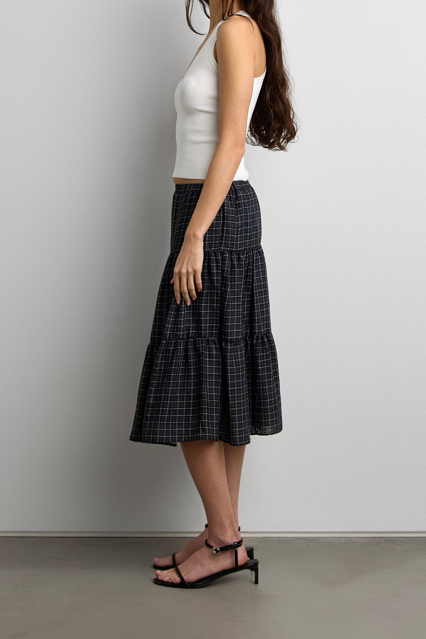 VINTAGE PLAID TIERED MIDI SKIRT