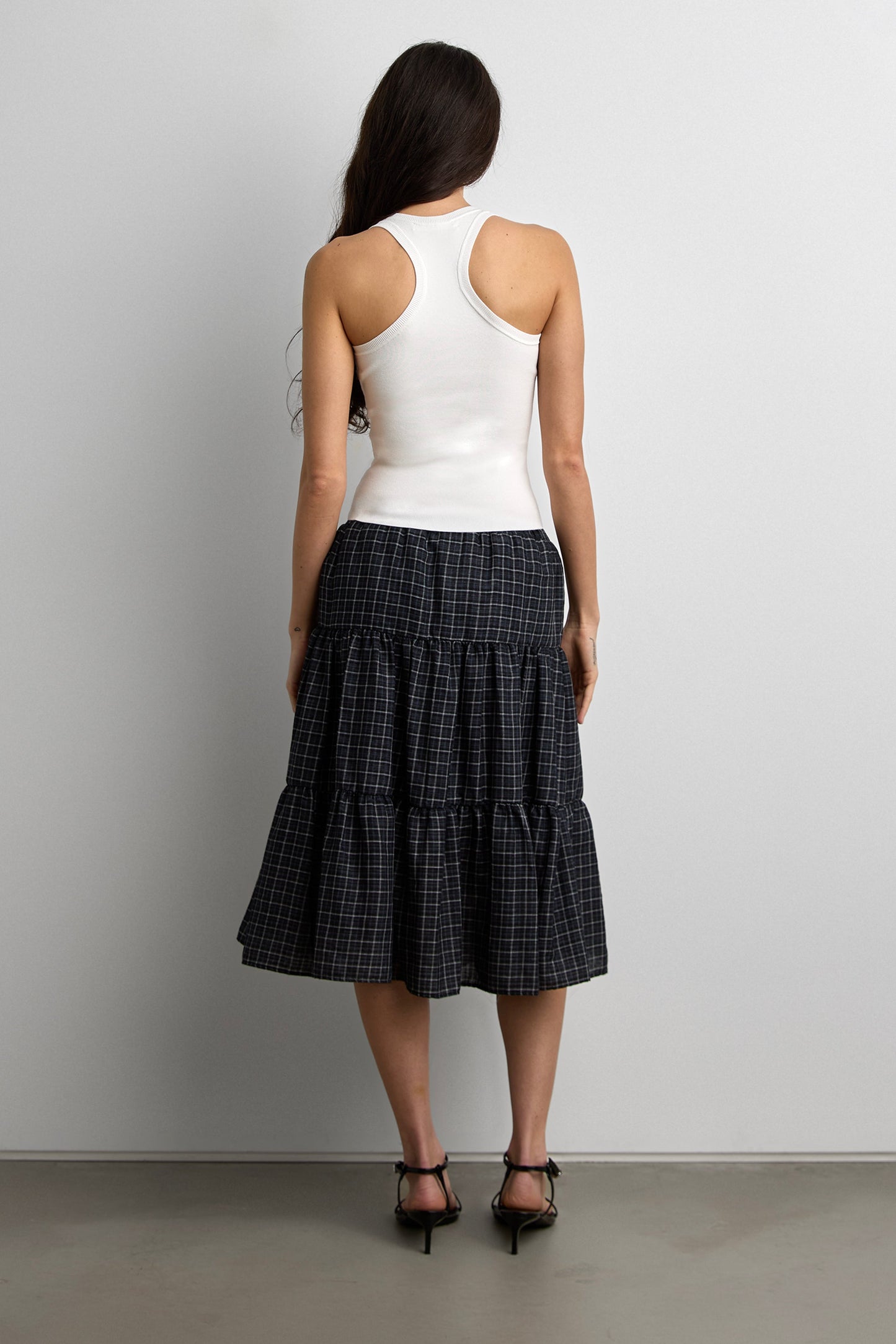 VINTAGE PLAID TIERED MIDI SKIRT