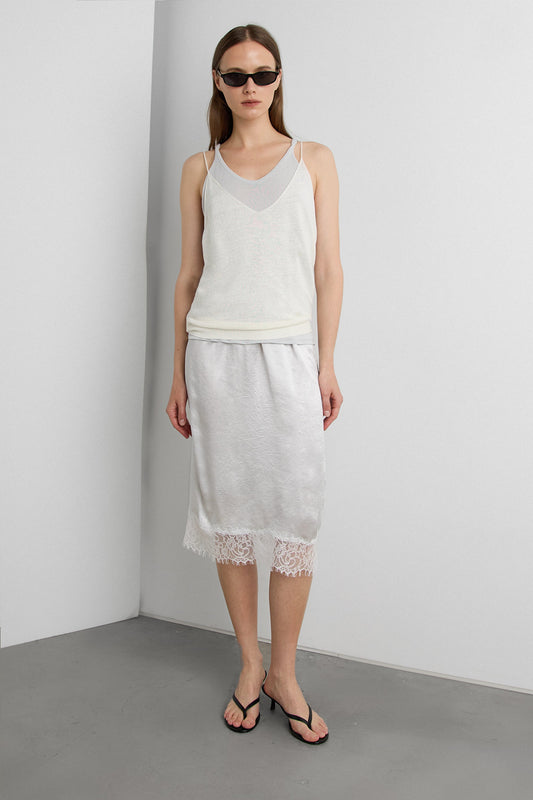 LACE TRIM SILKY MIDI SKIRT