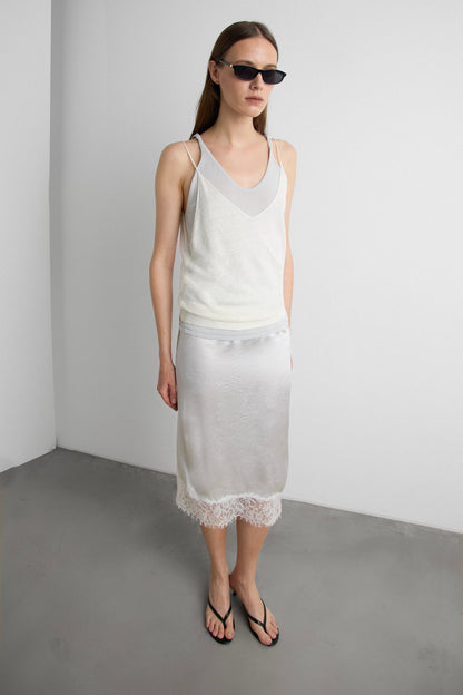 LACE TRIM SILKY MIDI SKIRT
