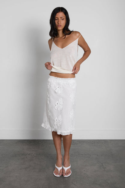 EYELET FRILLED HEM MINI SKIRT
