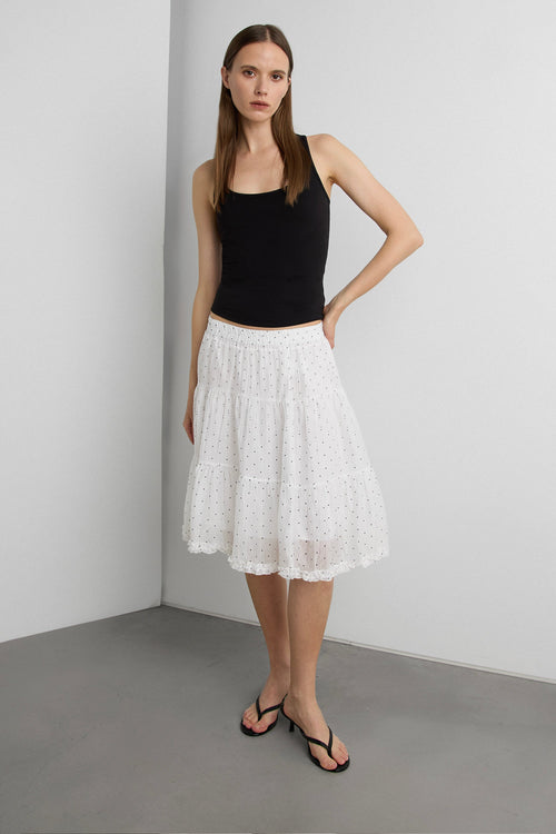 SHEER POLKA DOT MIDI SKIRT WITH RUFFLED HEM DETAIL