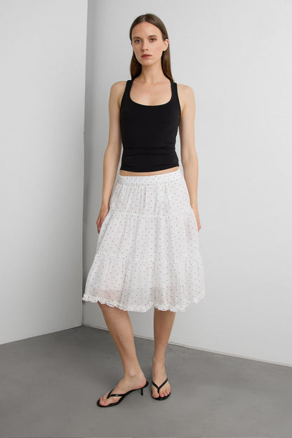 SHEER POLKA DOT MIDI SKIRT WITH RUFFLED HEM DETAIL