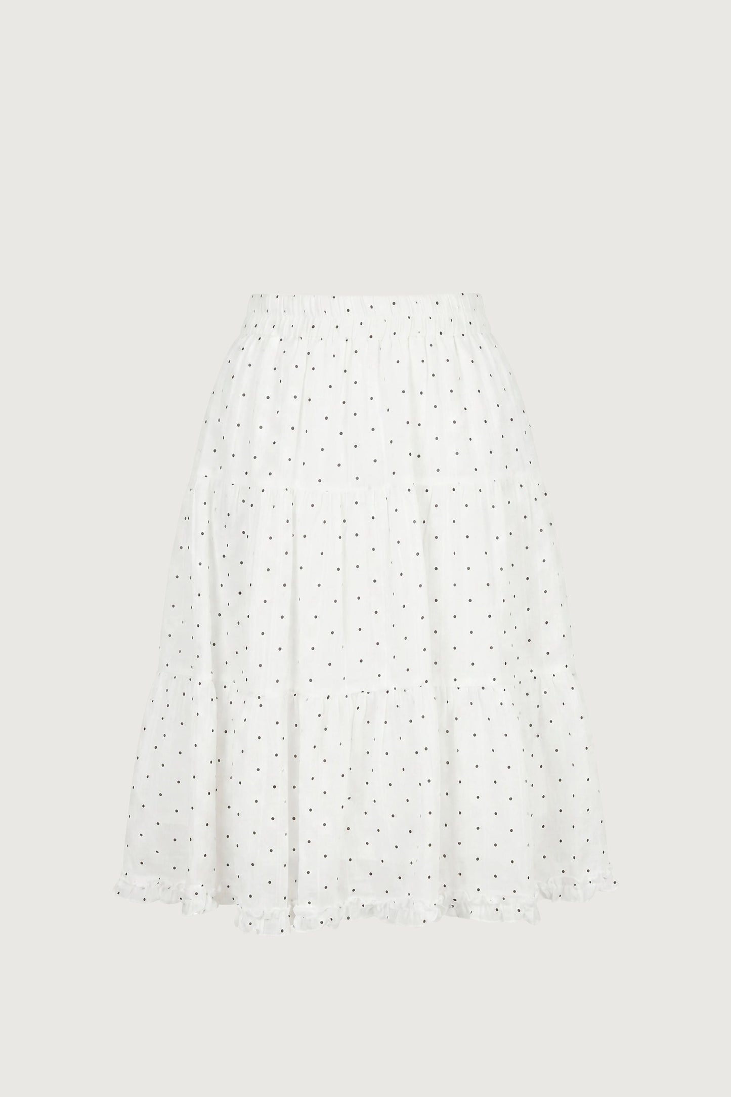 SHEER POLKA DOT MIDI SKIRT WITH RUFFLED HEM DETAIL