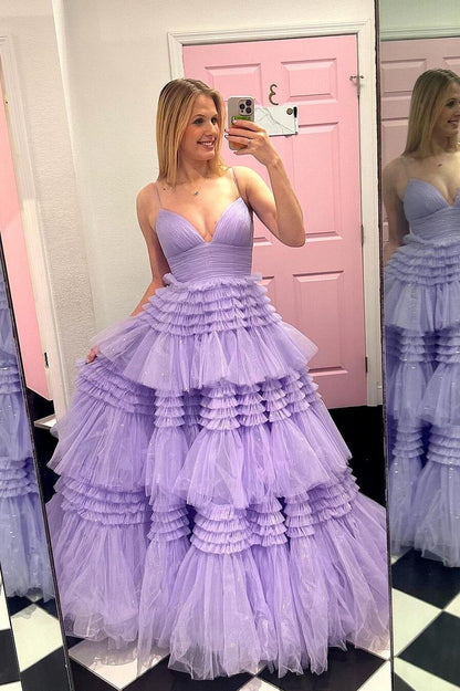 Pink Tiered Ruffle Long Ball Gown with Straps