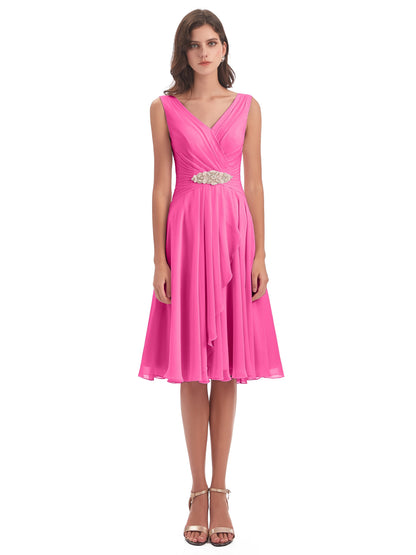 Caylee Knee Length V-neck Asymmetrical Chiffon Bridesmaid Dresses