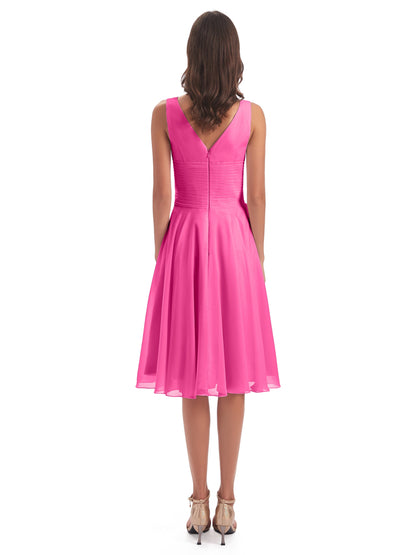 Caylee Knee Length V-neck Asymmetrical Chiffon Bridesmaid Dresses