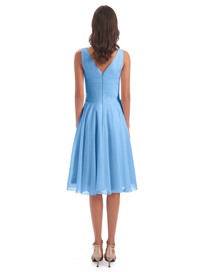 Caylee Knee Length V-neck Asymmetrical Chiffon Bridesmaid Dresses